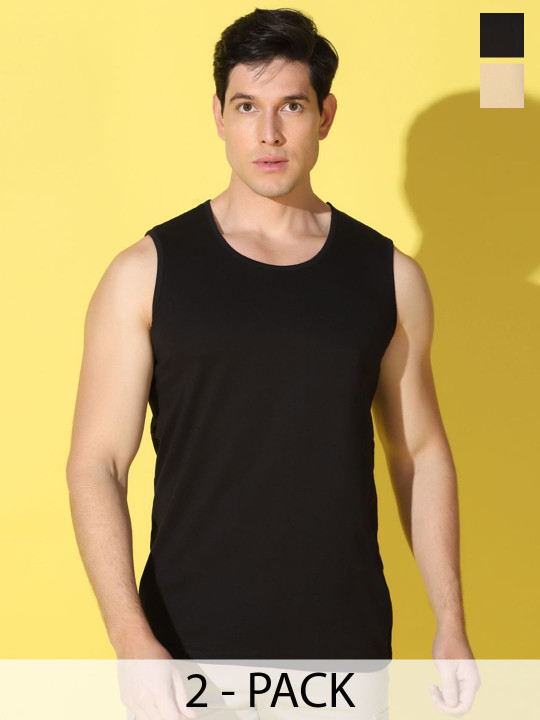 WOOSTRO Men Pack Of 2 Printed Combed Cotton Gym Vests VWS26(PLAIN BLACK)(HARD RUST)