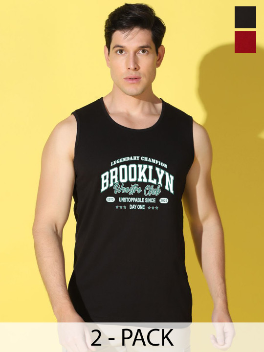 WOOSTRO Men Pack Of 2 Printed Super Combed Cotton Gym Vests
