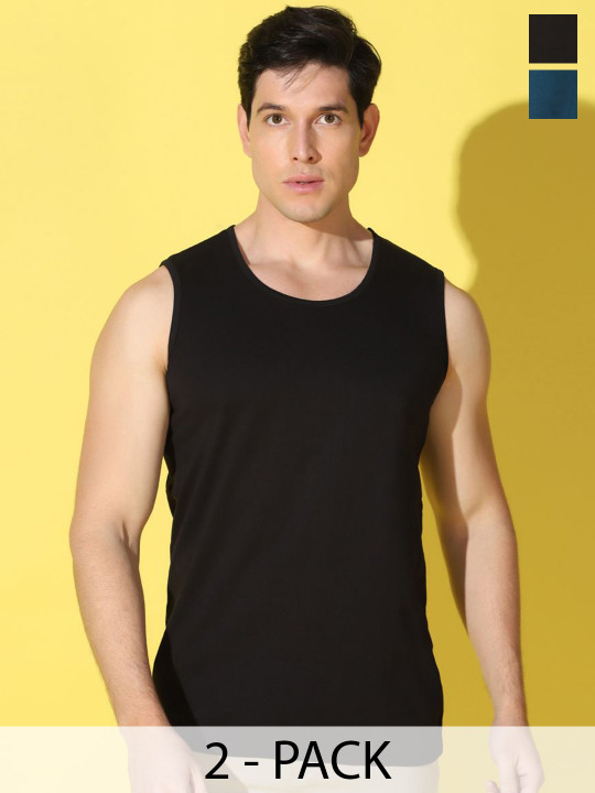 WOOSTRO Men Pack Of 2 Printed Antimicrobial Combed Cotton Gym Vests