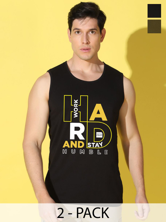 WOOSTRO Men Pack Of 2 Printed Combed Cotton Gym Vests