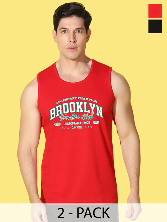 WOOSTRO Men Pack Of 2 Printed Super Combed Cotton Antimicrobial Gym Vests