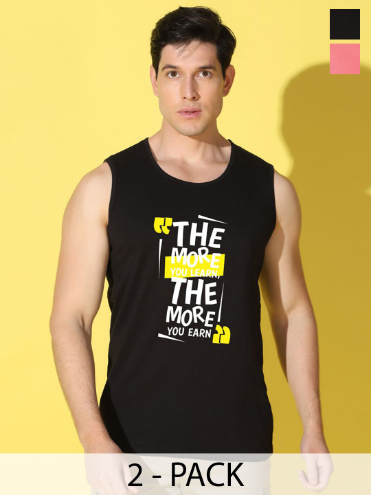 WOOSTRO Men Pack Of 2 Printed Cotton Gym Vests VWS26(MORE BLACK)(ENJOY PEACH)