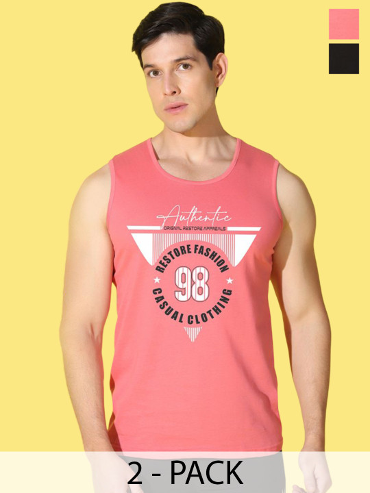 WOOSTRO Men Pack Of 2 Printed Combed Cotton Gym Vests
