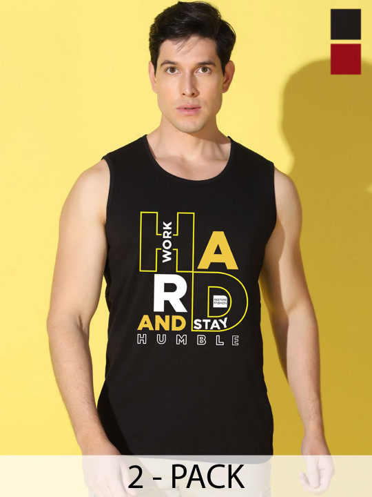 WOOSTRO Men Pack Of 2 Printed Combed Cotton Gym Vests