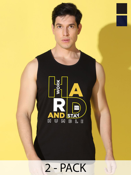 WOOSTRO Men Pack Of 2 Printed Super Combed Cotton Gym Vests VWS26(HARD BLACK)(98 NAVY)