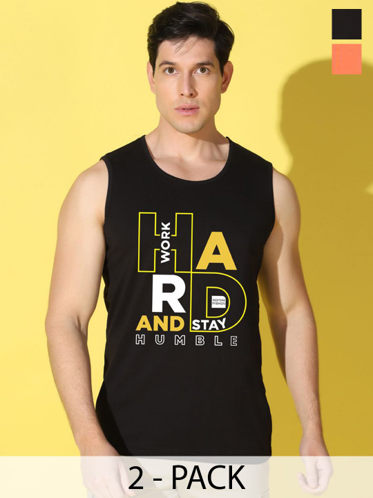 WOOSTRO Pack Of 2 Printed Cotton Gym Vests VWS26(HARD BLACK)(MORE ORANGE)