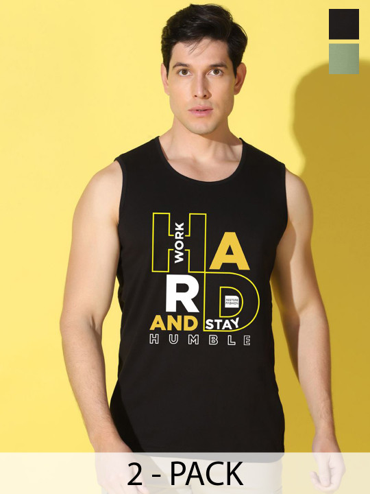 WOOSTRO Pack Of 2 Printed Combed Cotton Gym Vests VWS26(HARD BLACK)(BKLN LGTGREEN)