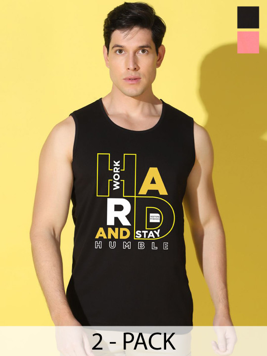 WOOSTRO Men Pack Of 2 Printed Combed Cotton Gym Vests VWS26(HARD BLACK)(BKLN PEACH)