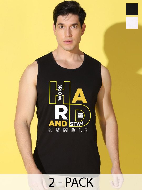 WOOSTRO Men Pack Of 2 Printed Super Combed Cotton Antimicrobial Gym Vests