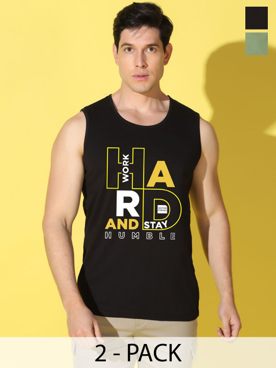WOOSTRO Pack Of 2 Printed Super Combed Cotton Antimicrobial Gym Vests