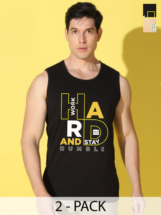 WOOSTRO Men Pack Of 2 Printed Combed Cotton Gym Vests