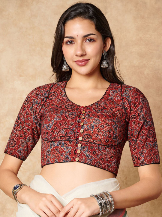 SALWAR STUDIO Ajrakh Hand Block Printed Round Neck Pure Cotton Readymade Blouse