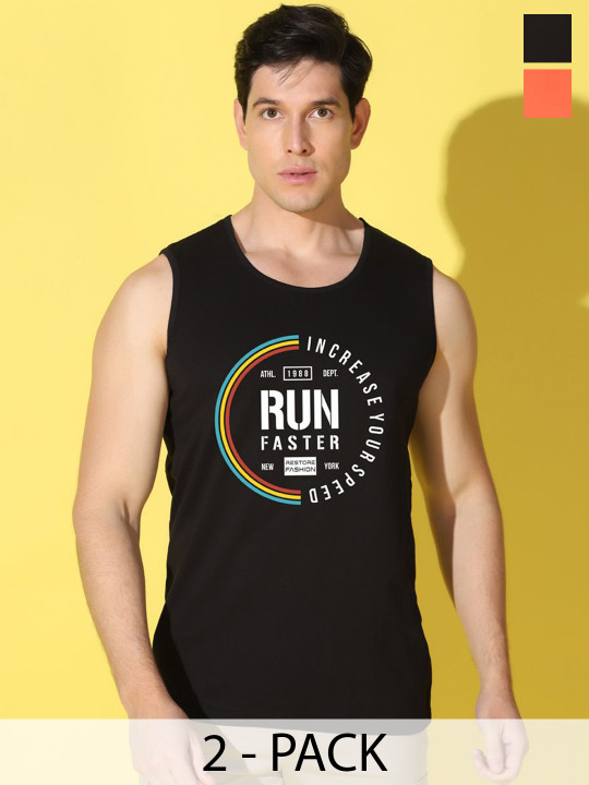 WOOSTRO Pack Of 2 Printed Super Combed Cotton Antimicrobial Gym Vests