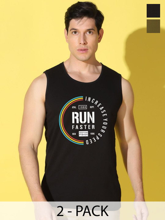 WOOSTRO Pack Of 2 Printed Round Neck Combed Cotton Gym Vests