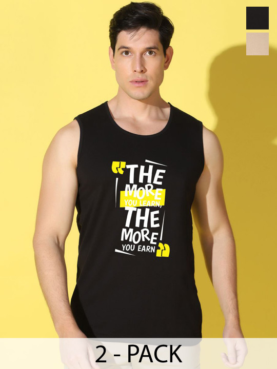 WOOSTRO Pack Of 2 Printed Cotton Gym Vests VWS26(MORE BLACK)(ENJOY RUST)