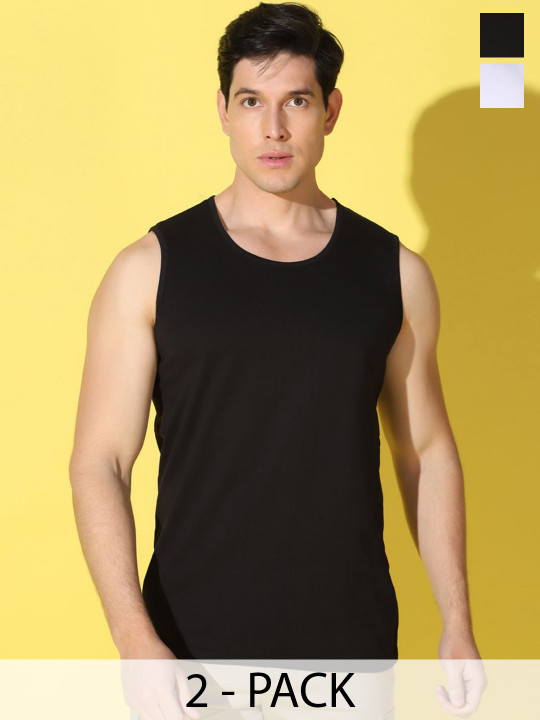 WOOSTRO Pack Of 2 Printed Combed Cotton Gym Vests VWS26(PLAIN BLACK)(ENJOY WHITE)