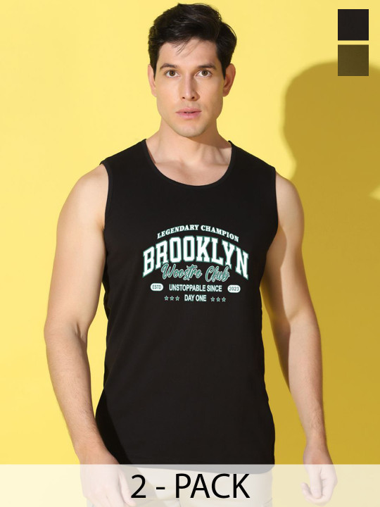 WOOSTRO Pack Of 2 Printed Combo Cotton Gym Vests VWS26(BKLN BLACK)(RUN OLIVE)