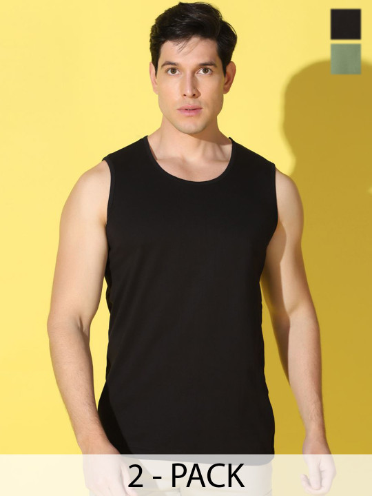 WOOSTRO Men Pack Of 2 Printed Combed Cotton Gym Vests