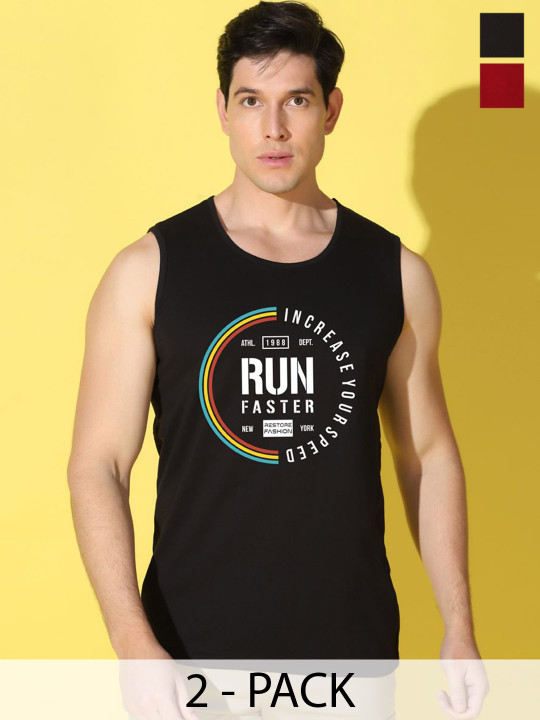 WOOSTRO Men Pack Of 2 Printed Sleeveless Combed Cotton Gym Vests
