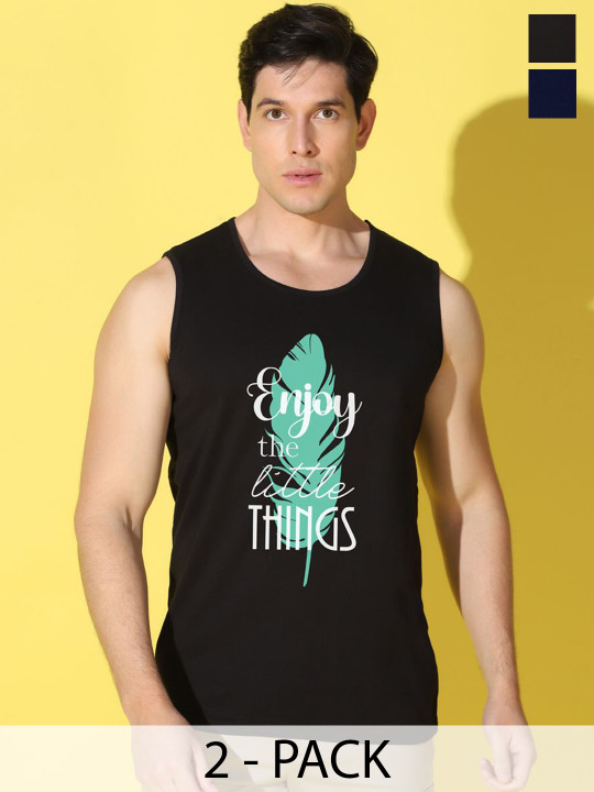 WOOSTRO Men Pack Of 2 Printed Combo Cotton Gym VestsVWS26(ENJOY BLACK)(98 NAVY)