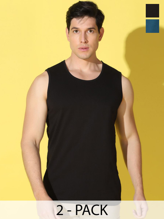 WOOSTRO Pack Of 2 Printed Super Combed Cotton Antimicrobial Gym Vests