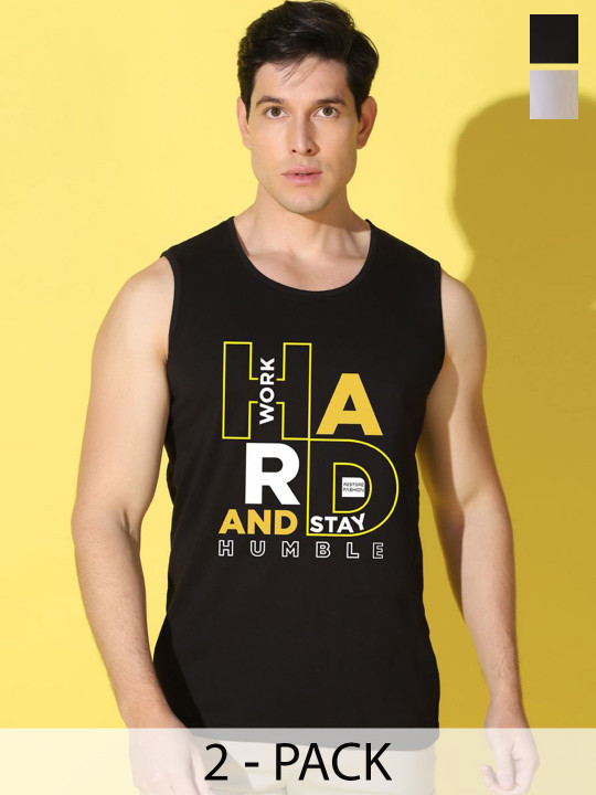 WOOSTRO Men Pack Of 2 Printed Ultra-Soft High Moisture Absorbency Combed Cotton Gym Vests