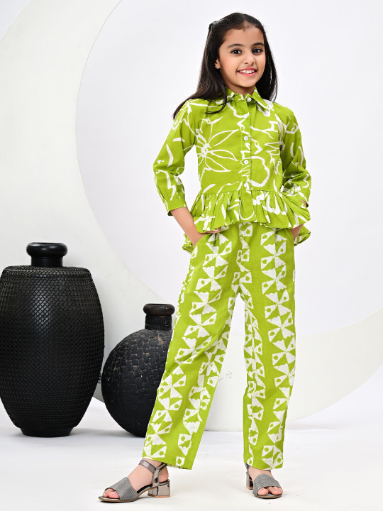 KAVISH Girls Printed Shirt Collar Pure Cotton Shirt With Trousers