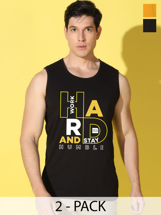 WOOSTRO Pack Of 2 Printed Combed Cotton Gym Vests VWS26(HARD BLACK)(BKLN MUSTARD)