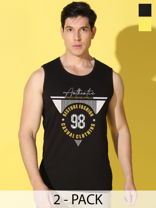 WOOSTRO Pack Of 2 Printed Combo Cotton Gym Vests VWS26(98 BLACK)(PLAIN YELLOW)