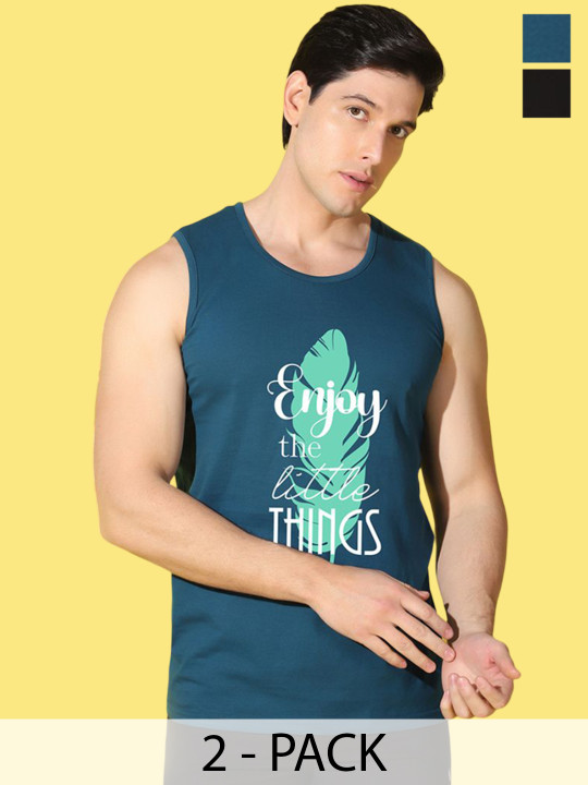WOOSTRO Pack Of 2 Printed Super Combed Cotton Antimicrobial Gym Vests