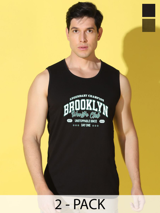 WOOSTRO Pack Of 2 Printed Scoop Neck Gym Vests VWS26(BKLN BLACK)(ALONE OLIVE)