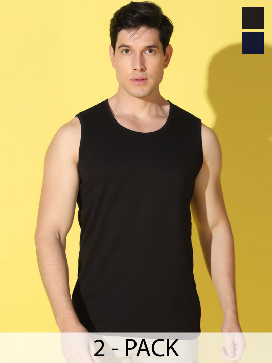 WOOSTRO Men Pack Of 2 Printed Ultra-Soft Antimicrobial Combed Cotton Gym Vests
