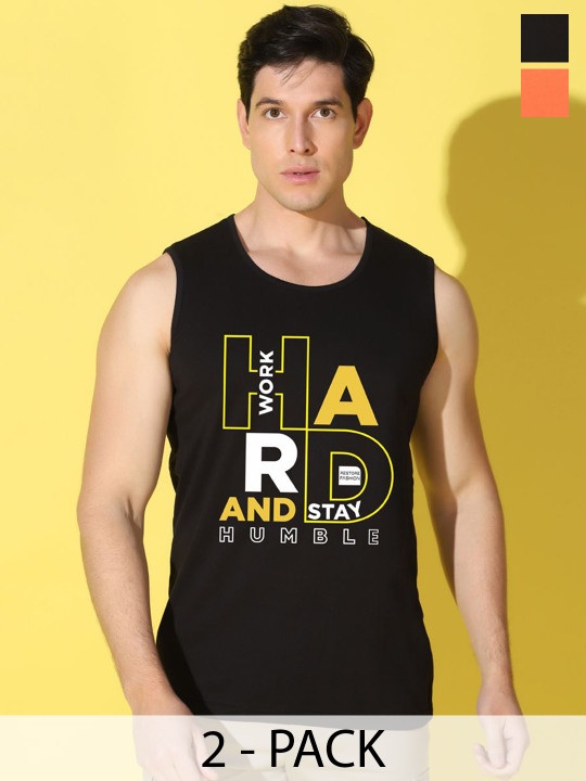WOOSTRO Pack Of 2 Printed Super Combed Cotton Antimicrobial Gym Vests