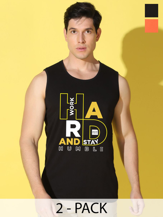 WOOSTRO Men Pack Of 2 Printed Combed Cotton Antimicrobial Gym Vests