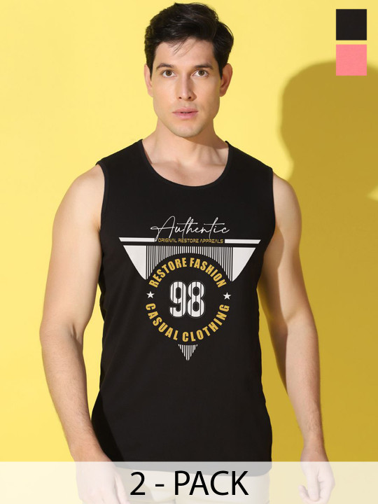 WOOSTRO Pack Of 2 Printed Scoop Neck Gym Vests VWS26(98 BLACK)(RUN PEACH)