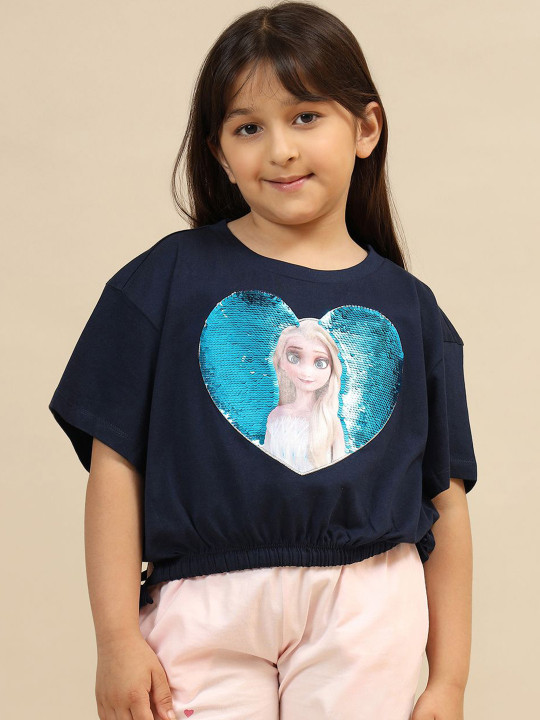 Kids Ville Girls Frozen Graphic Printed Round Neck Cotton Relaxed Fit T-shirt