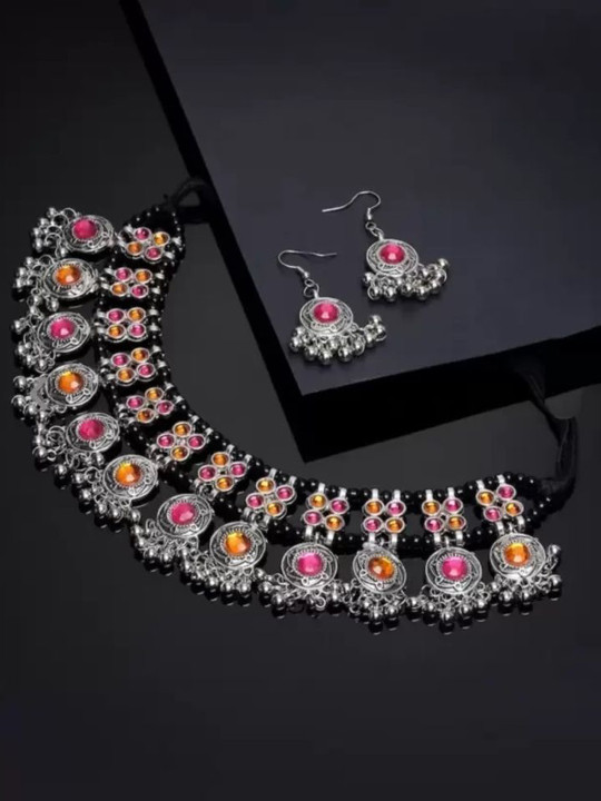 SZN Set Of 2 Stones Studded & Beaded Oxidised Jewellery Set