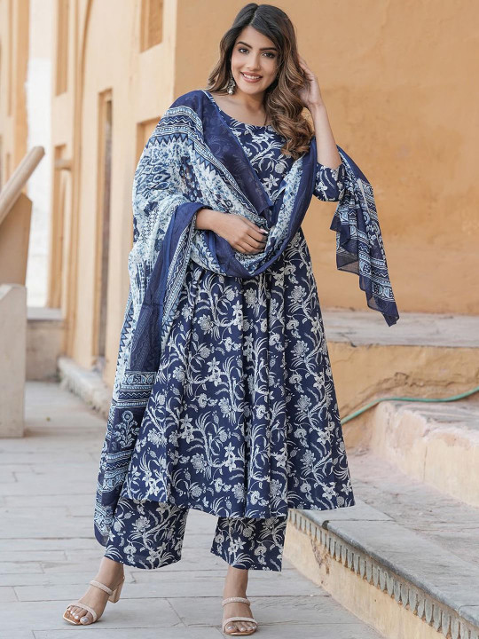 KALINI Floral Printed Round Neck Anarkali Pure Cotton Kurta With Trousers & Dupatta