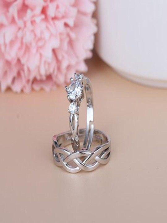 Ringzinnie Unisex Set Of 2 Silver-Plated Crystals Studded Adjustable Finger Rings