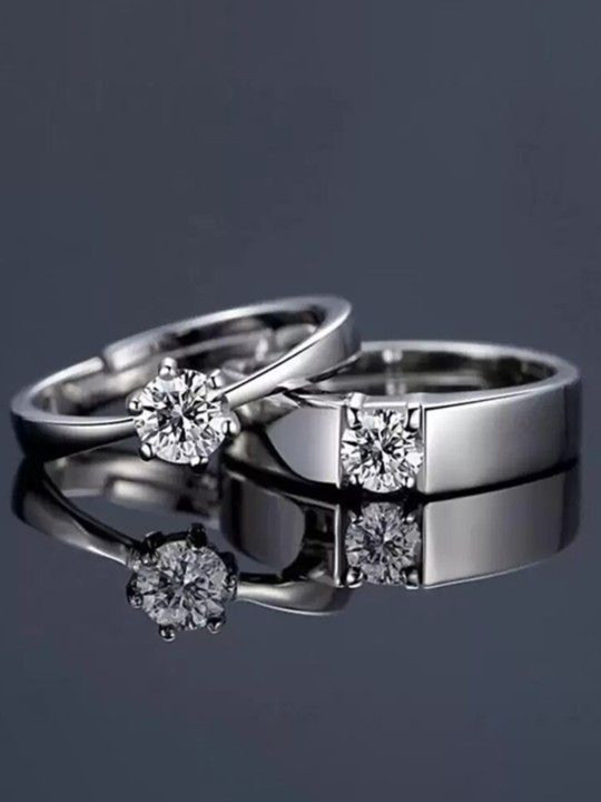 Ringzinnie Unisex Set Of 2 Silver Plated American Diamond Studded Couple Rings