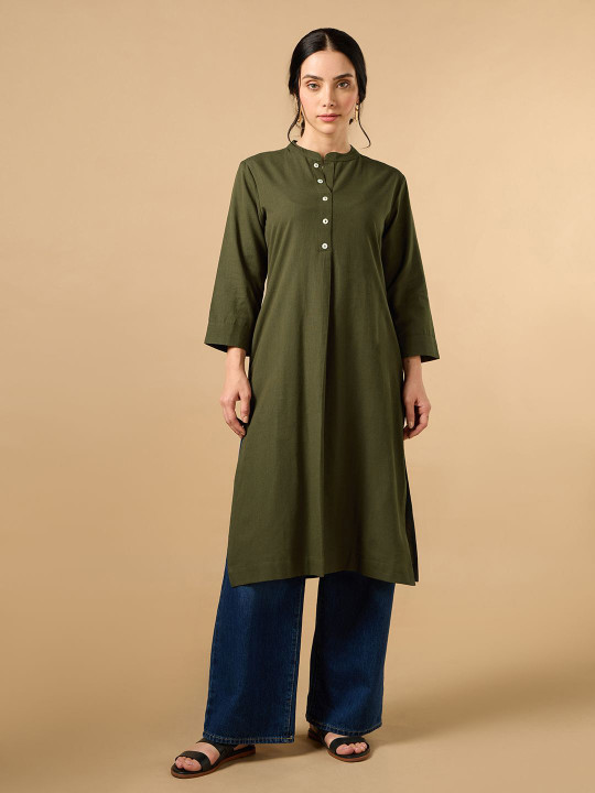 COTTONS DAILY Women Green Solid Mandarin Collar Cotton Linen Kurta