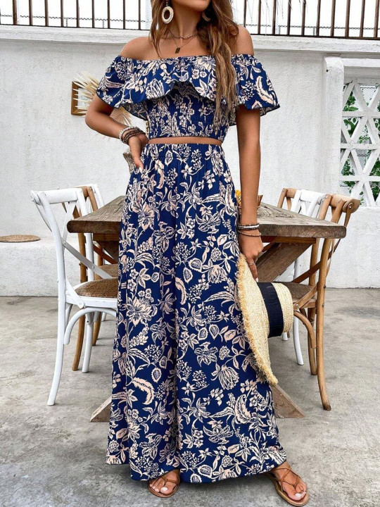 DressBerry Floral Printed Off - Shoulder Top With Trousers Co-Ords