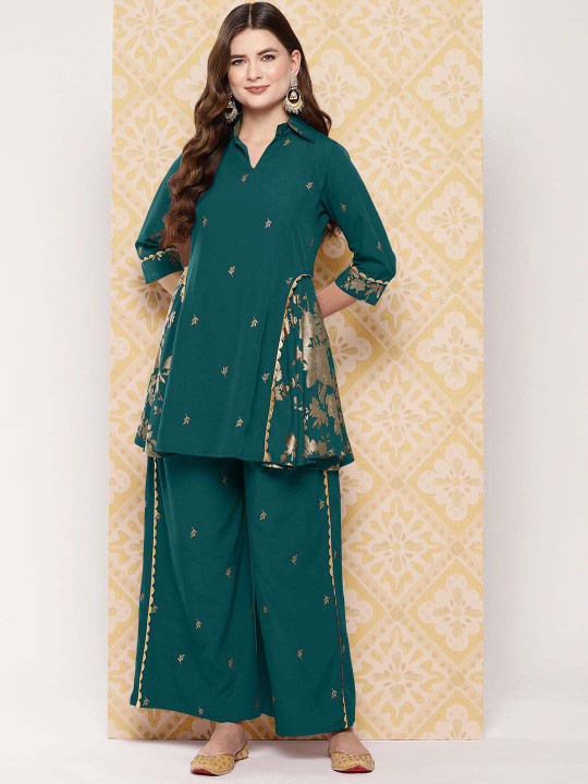 Ahalyaa Floral Woven Design Shirt Collar Tunic With Palazzo