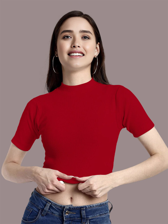 Dream Beauty Fashion Women Solid High Neck Fitted Crop Top