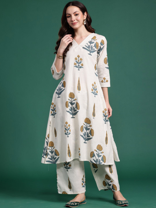 Indo Era Floral Printed V Neck A Line Pure Cotton Kurta With Palazzos