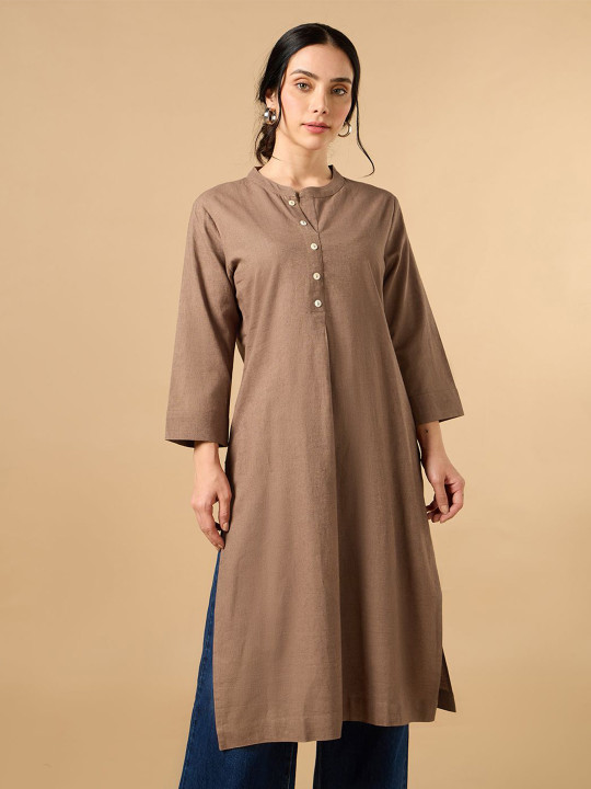 COTTONS DAILY Women brown Solid Mandarin Collar Cotton Linen Kurta