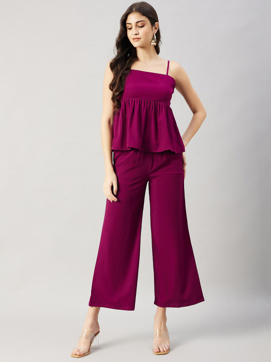 WineRed Square Neck Top With Trousers Co-Ords