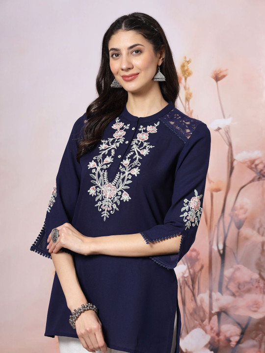 Nayam By Lakshita Women Solid Embroidered Straight Crepe Tunic
