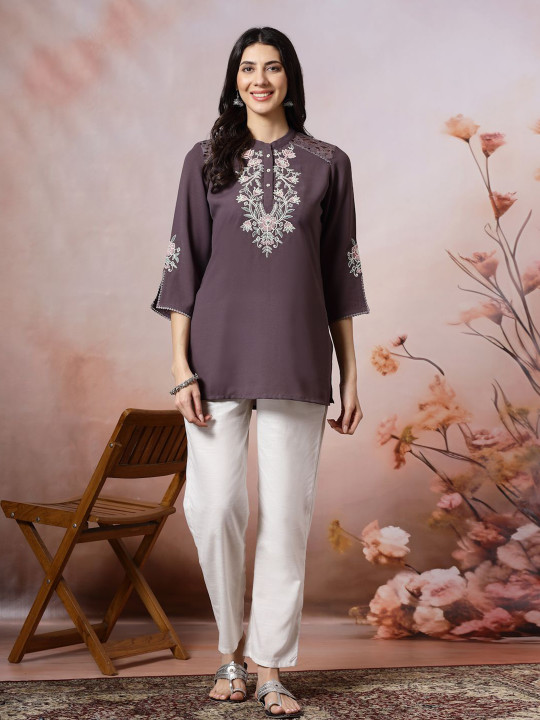 Nayam By Lakshita Women Solid Embroidered Straight Crepe Tunic