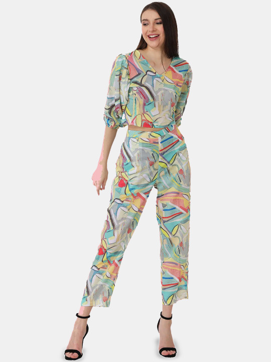 SZN Printed V-Neck Puffed Sleeves Top With Trousers